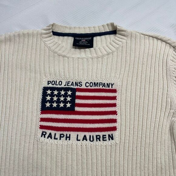 Vtg Ralph Lauren Sweater Womens L Cream US Flag Embroidered Crew Neck Cotton - Picture 2 of 8